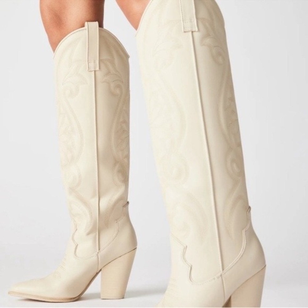 Steve Madden Lasso Western Knee High Boots Bone Size 8.5 White Cream Beige